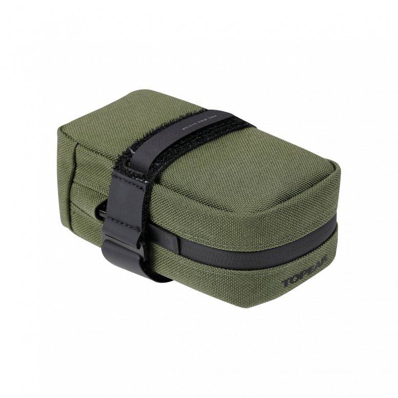 Topeak Elementa seatbag attached to bike saddle, compact accessory for storing tools and inner tubes during rides