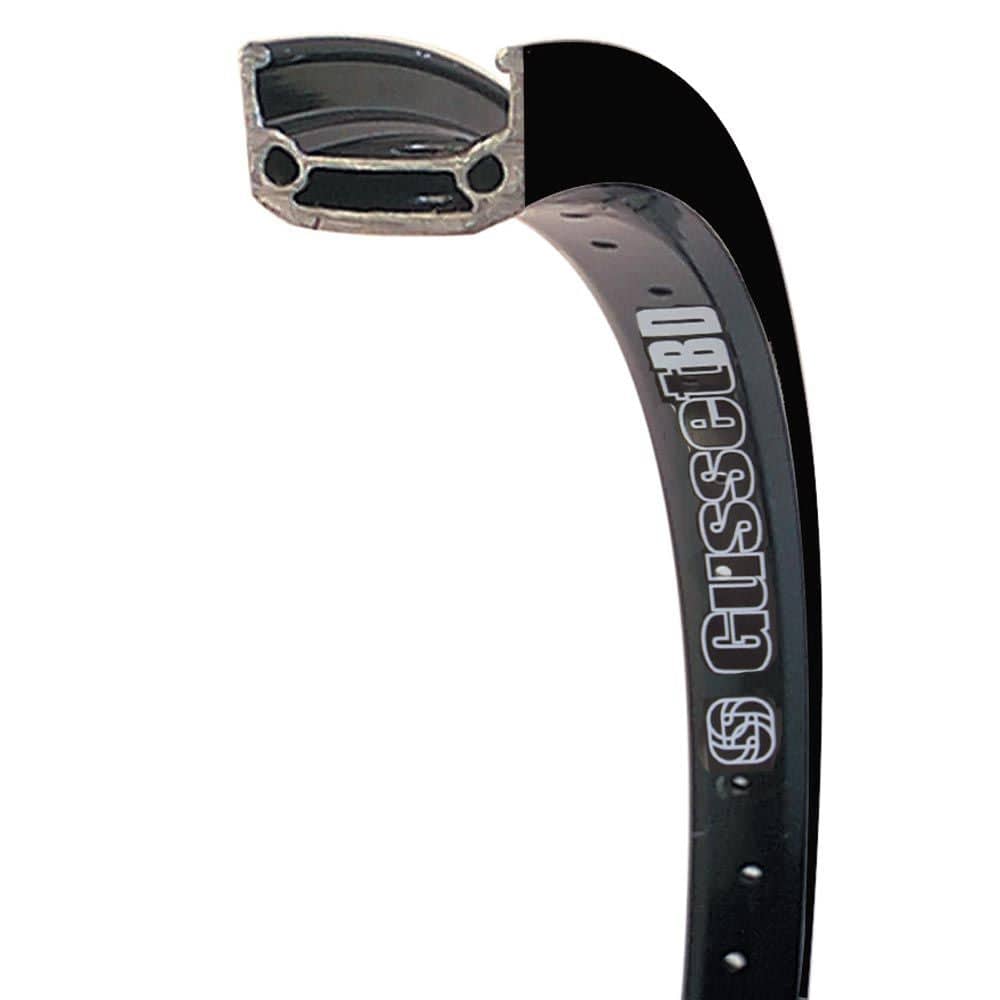 Black Gusset Components dog rims with 36/48 spokes for dirt and street bikes, showcasing durable wheel components.
