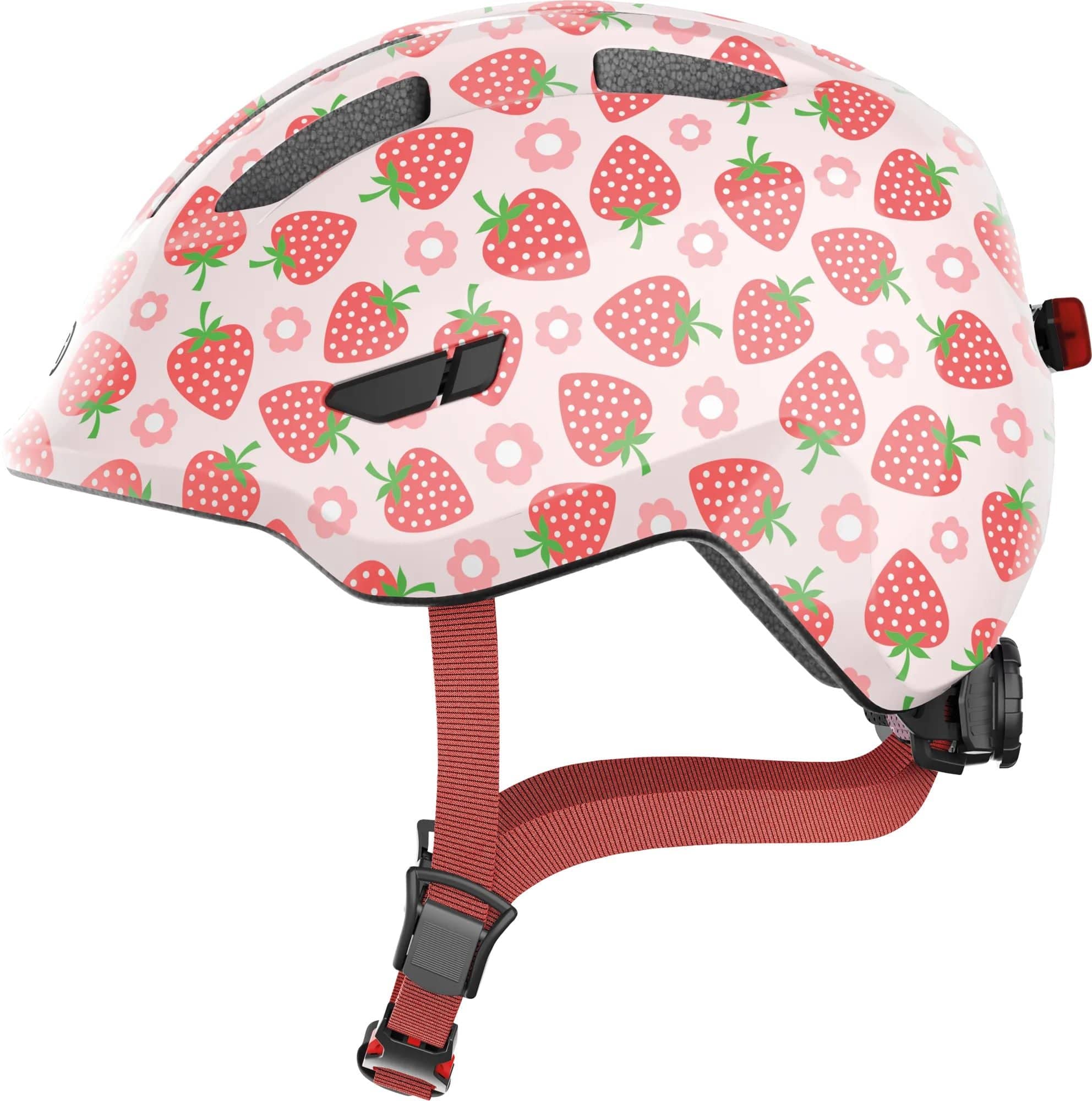 ABUS Smiley 3.0 LED kids cycling helmet with adjustable fit, integrated LED light, and deep protective design, shown from the front.