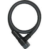 ABUS Steel-O-Flex 6615K/85/15 BK SCMU microflex bike lock with snap cage bracket, showing the coiled steel lock and mounting accessory