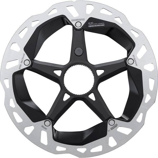 Shimano STEPS RT-EM910 Ice Tech Freeza rotor with lockring for e-bike brake system, showing the rotor's detailed cooling fins.
