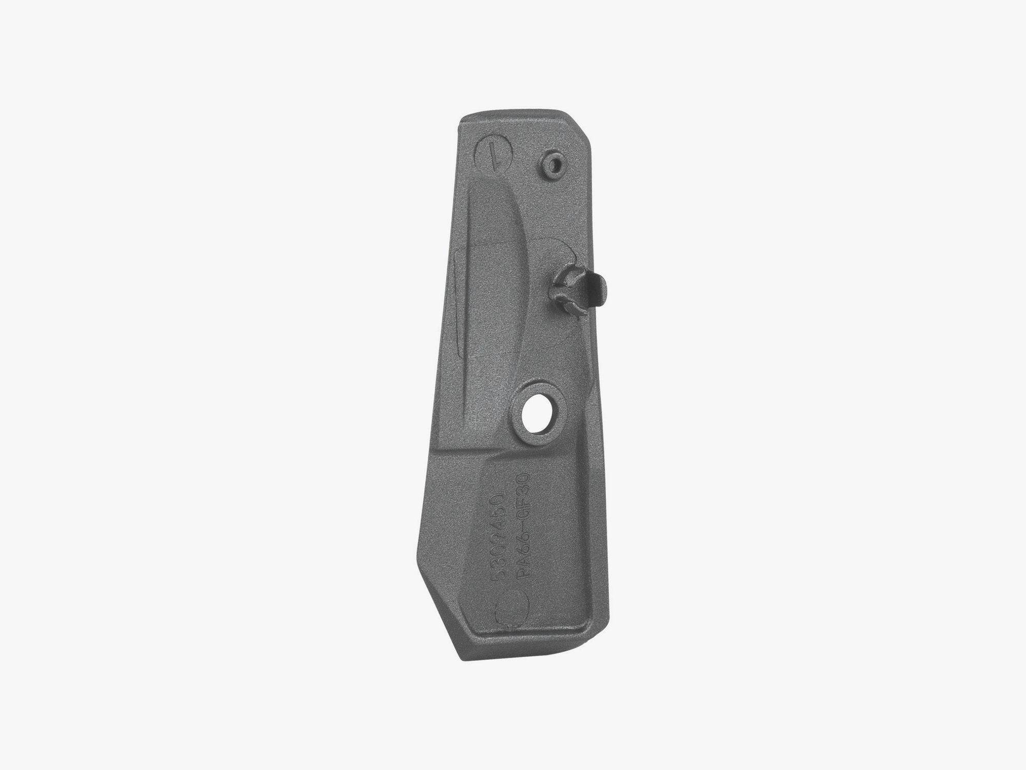 Trek Madone SLR Gen 7 bike component, 1x front derailleur hanger cover and frame protection part, black and silver finish.