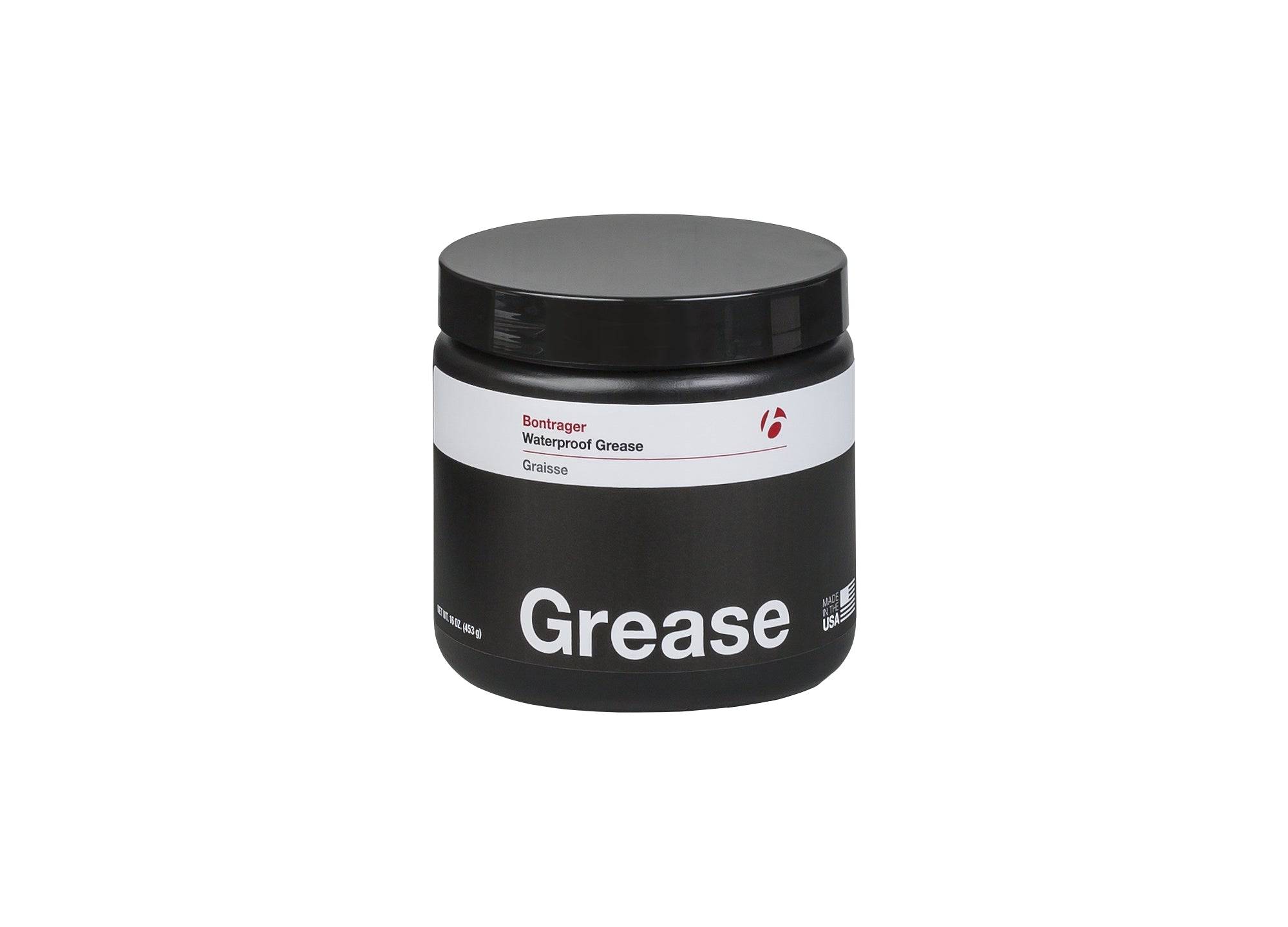 Bontrager bicycle grease lubrication container showing waterproof, low friction formula for bike maintenance and carbon fiber compatibility