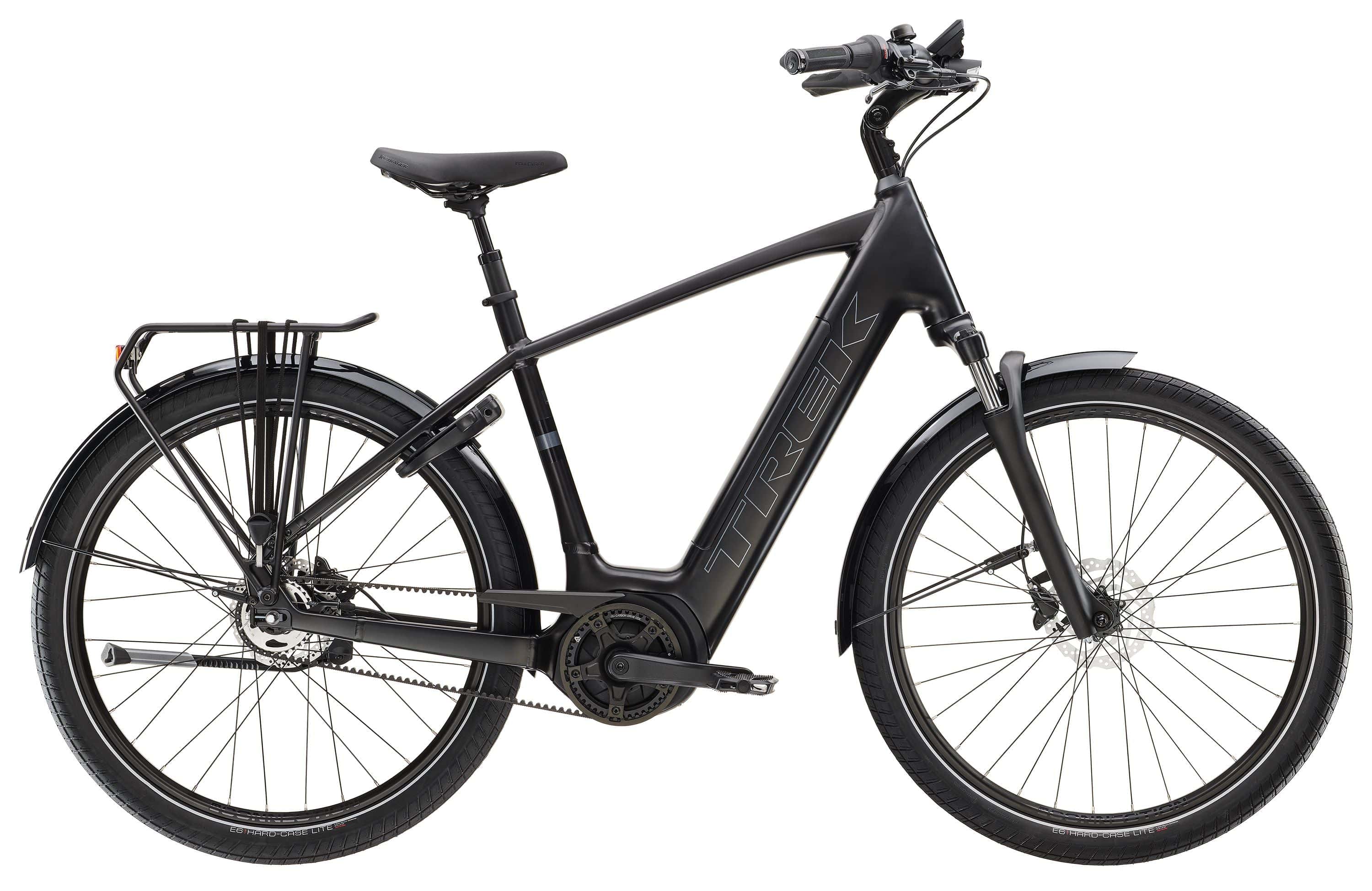 Trek District+ 4 electric hybrid bike for urban commuting and versatile riding, shown with sleek frame and integrated battery.
