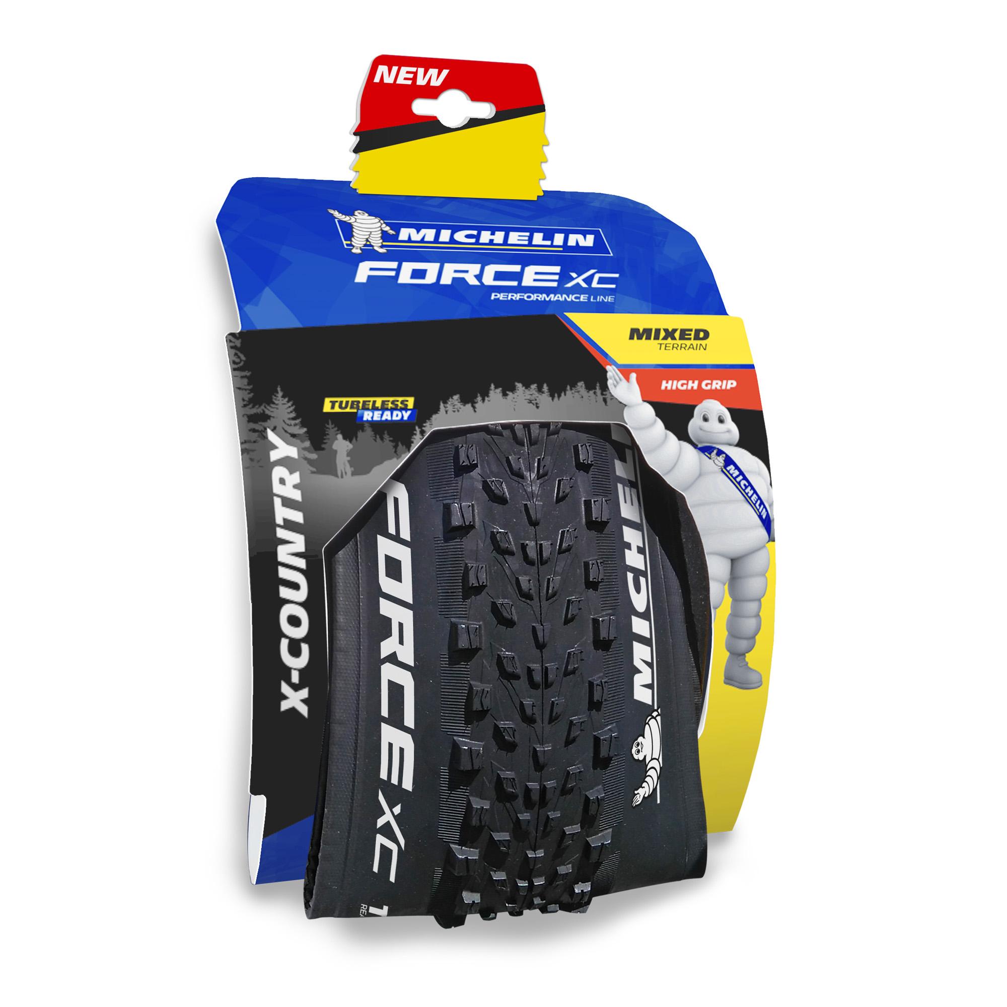 Michelin Force XC Performance Line tubeless-ready cross-country mountain bike tyre with knobby tread for off-road riding.