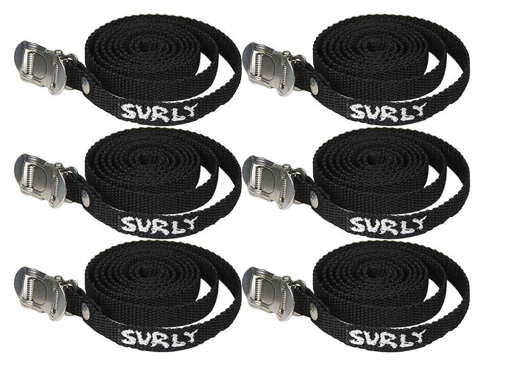 Surly Junk Straps X6 durable bike frame mounts and gear securing straps, shown in black with metal hooks for bike accessories.