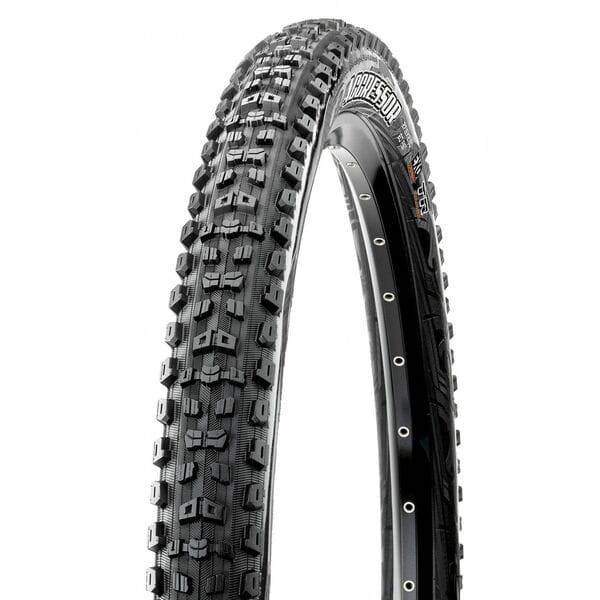 Maxxis Aggressor mountain bike tyre with tubeless-ready design and DoubleDown casing, suitable for rugged trail riding.