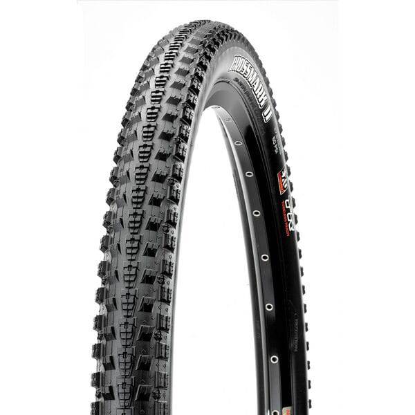 Maxxis Crossmark II MTB tire with dual compound, EXO protection, and tubeless readiness, shown mounted on a mountain bike wheel.