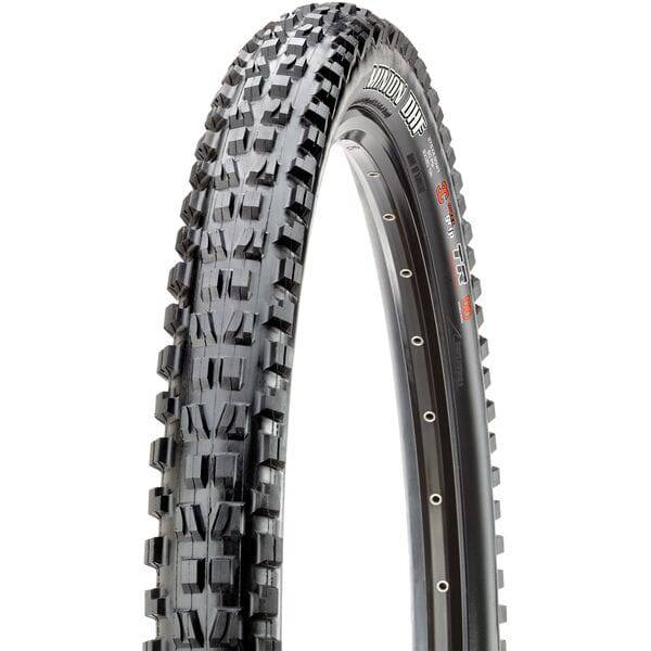 Maxxis Minion DHF WT mountain bike tire with EXO+ Protection and tubeless readiness, featuring knobby tread for aggressive downhill riding.
