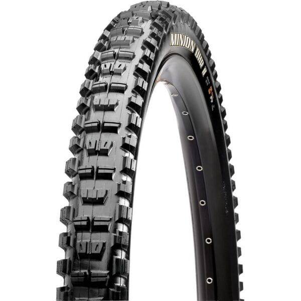 Maxxis Minion DHR II downhill tubeless-ready mountain bike tire with Wide Trail Technology, showing the tread pattern and sidewall details.