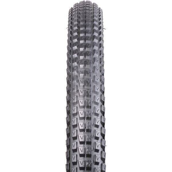 Nutrak Chaos MTB tyre mounted on a bike wheel, designed for cross country trails with durable rubber for dry, hard-packed terrain.