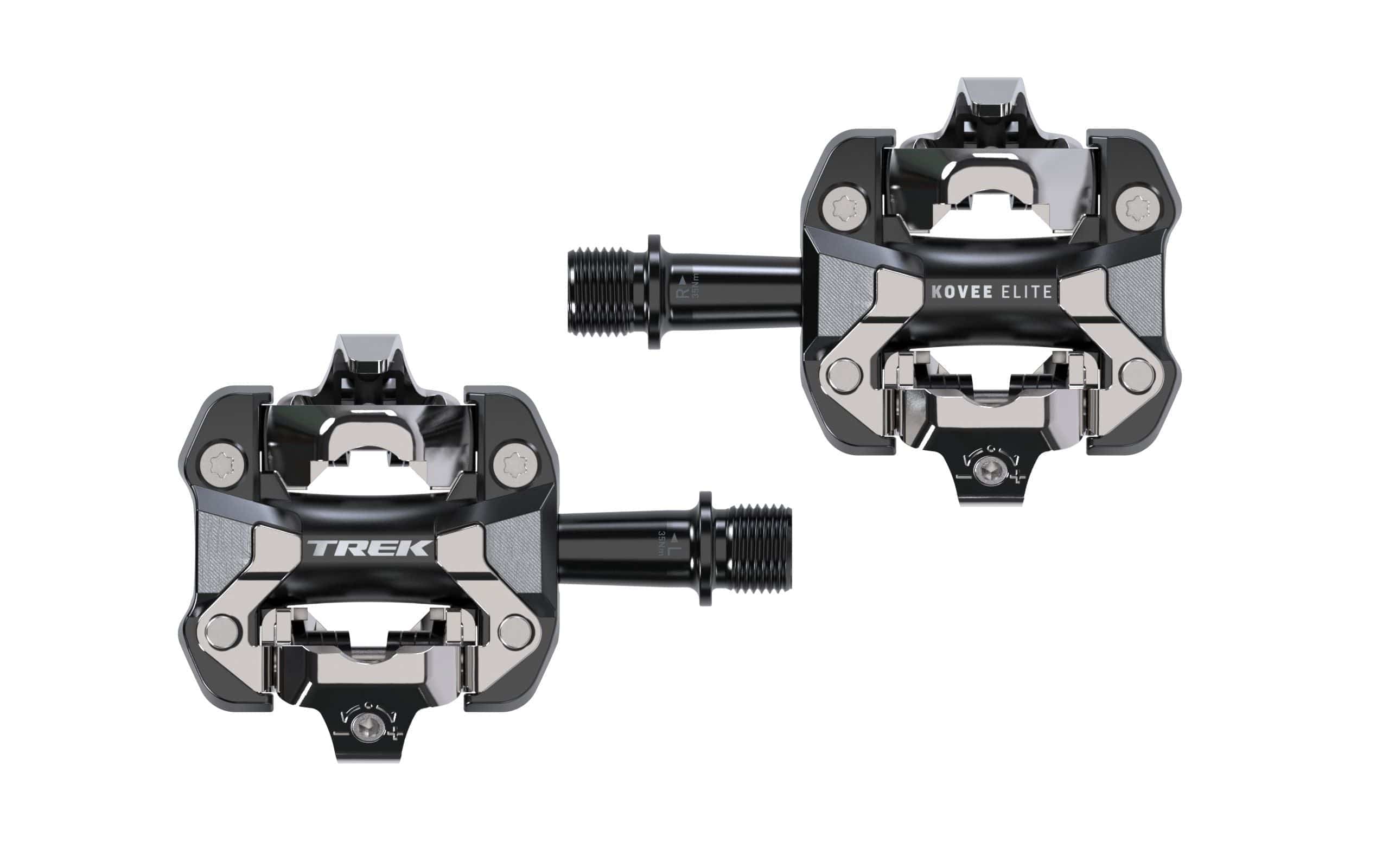 Trek Kovee Elite black clipless pedal set with 9/16" spindle for cycling performance, shown in close-up image.