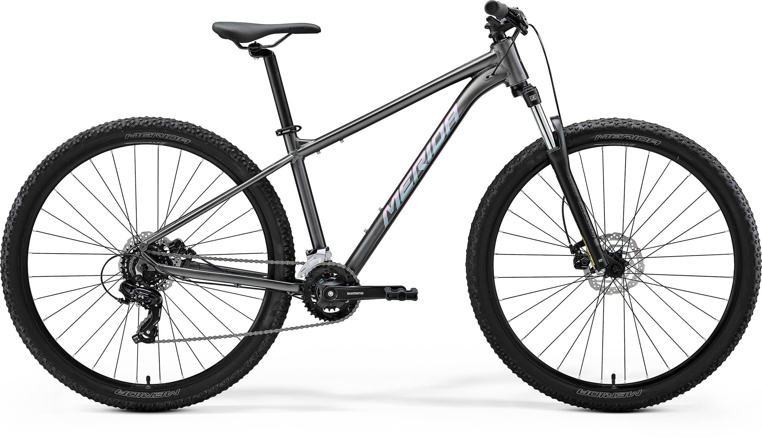 Merida Big Nine 15 MY26 hardtail mountain bike with Shimano Tourney drivetrain, black frame, front suspension, and knobby tires.