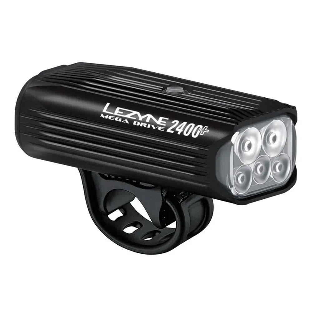 Lezyne Mega Drive 2400+ front bike light in black with 2400 lumens and USB-C charging port, mounted on a bike handlebar.
