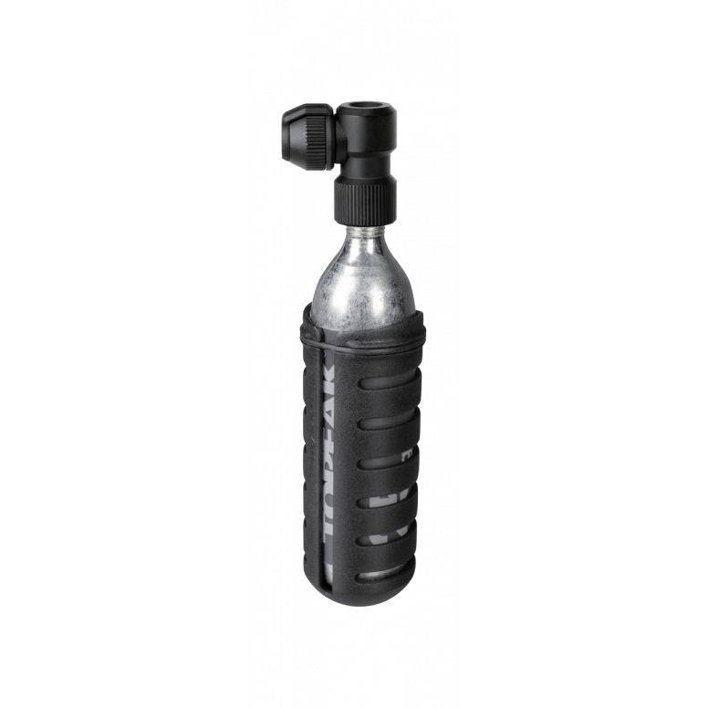 Topeak Nano Airbooster L compact CO2 inflator with 25g cartridge for Presta and Schrader valves, shown with attached cartridge