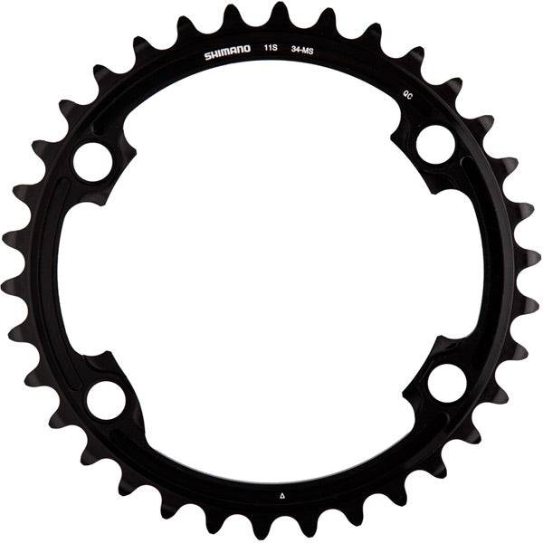 Shimano Dura-Ace FC-R9100 34T-MS inner chainring for 11-speed 50/34T crankset, close-up of black steel chainring with teeth.