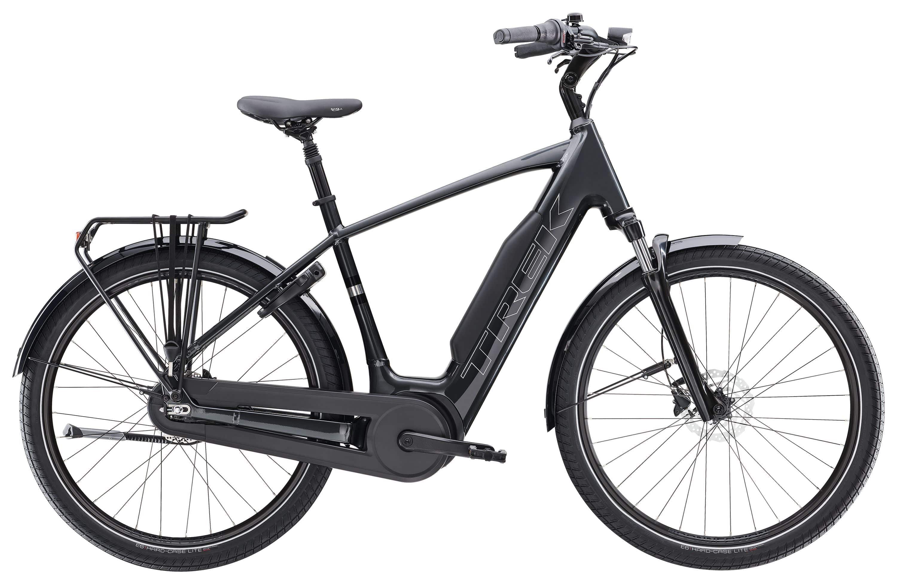 Trek District+ 3 2025 electric hybrid bike for urban commuting and leisure rides, shown from a side view with sleek design.