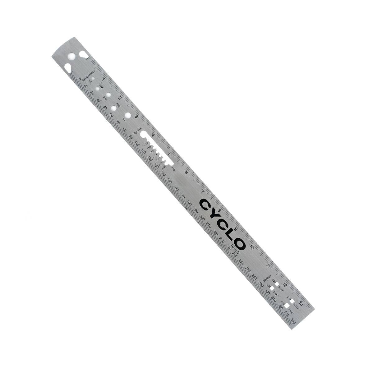 Cyclo Tools stainless steel spoke ruler with dual scale measuring 0-340mm for bike wheel maintenance and spoke alignment.