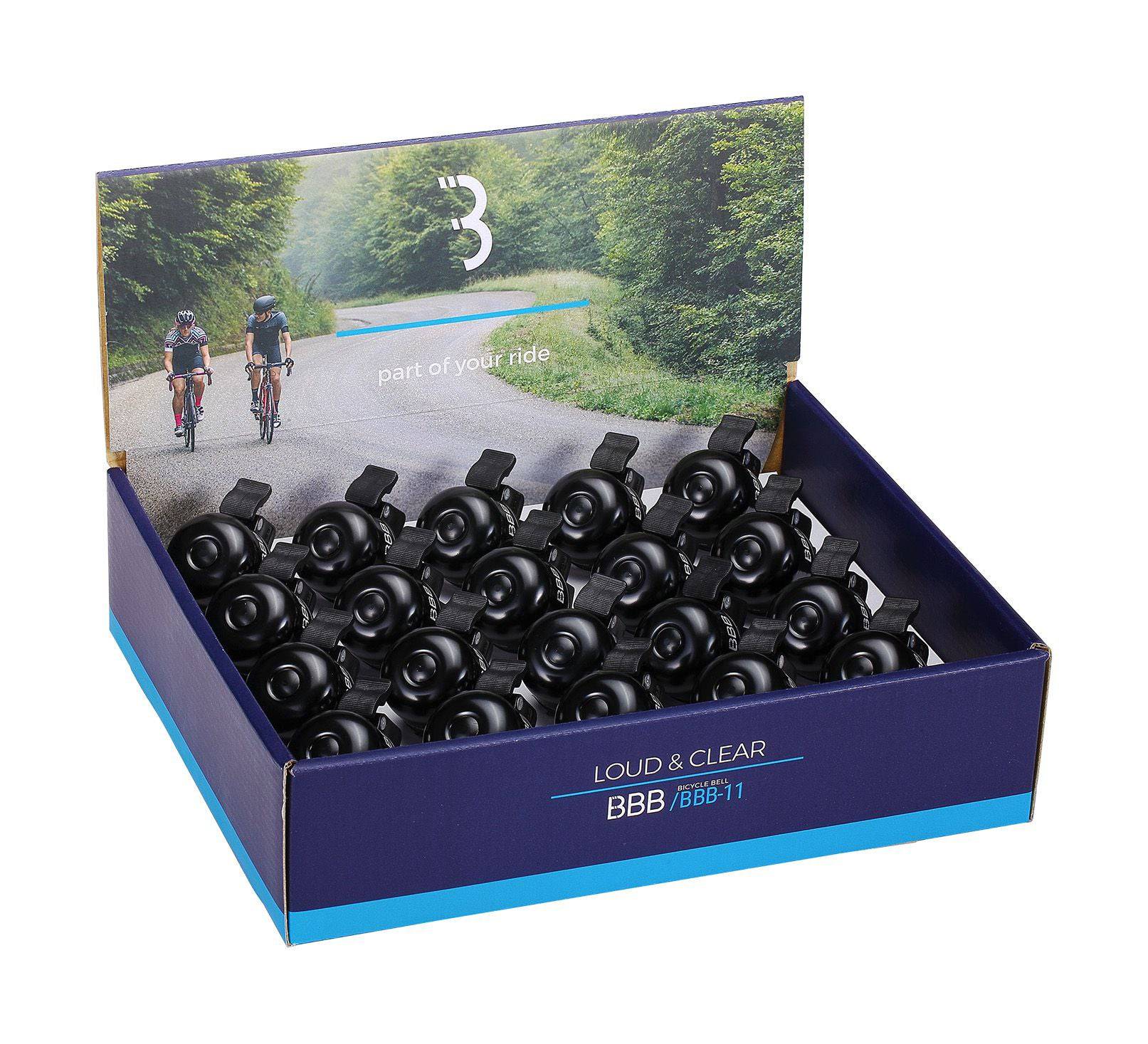 BBB Loud&Clear bicycle bell with standard clamp, shown in display box of 20, accessory for cycling safety and signaling.