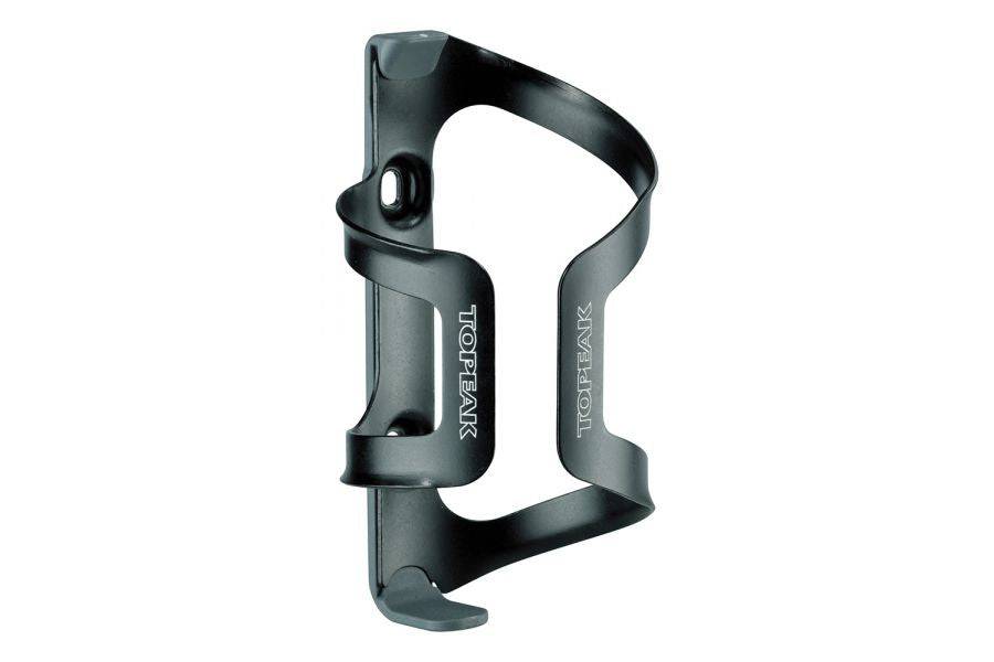 Topeak Dualside Black reversible bike water bottle holder mounted on bicycle frame, lightweight and durable accessory.