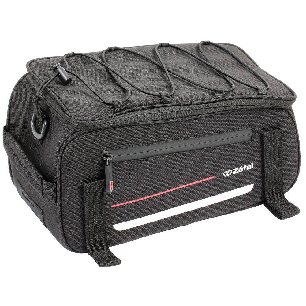 Zefal Z Traveller 40 bike rack bag with waterproof cover and reflective strips, mounted on a bicycle for accessories.