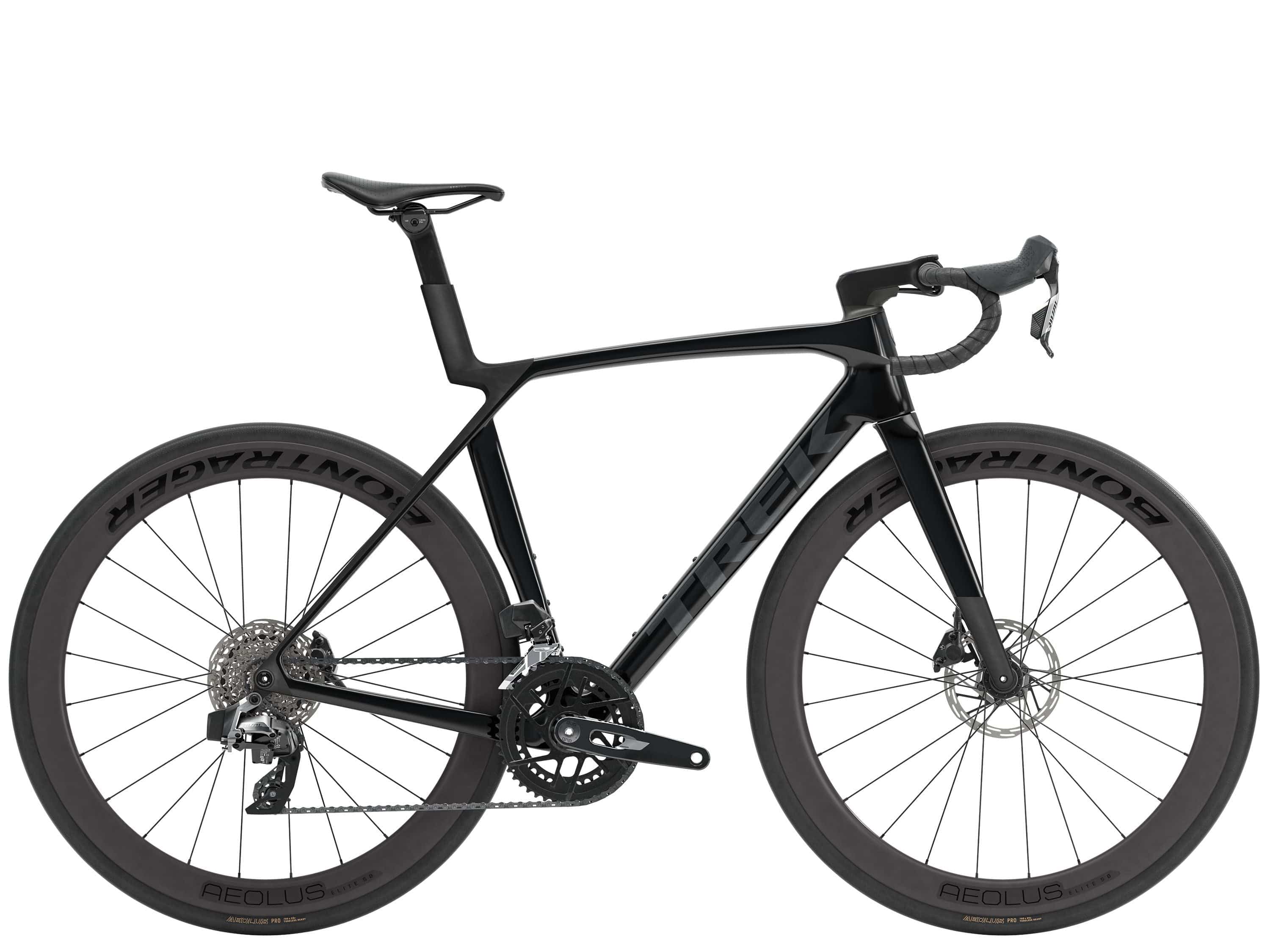 Trek Madone SL 6 AXS Gen 8 road bike with aerodynamic frame and electronic shifting, shown in a sleek cycling position.