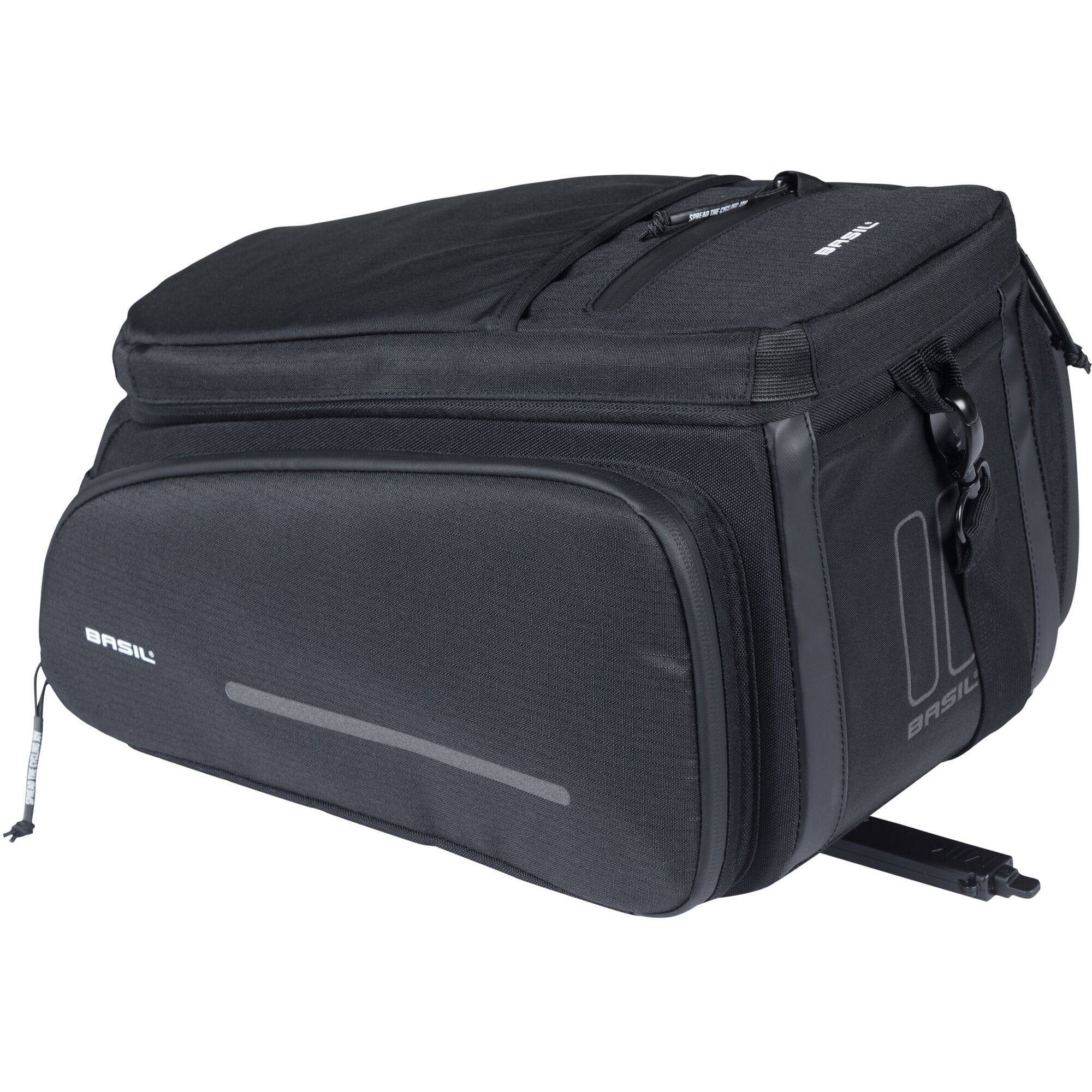 Black Basil Move Trunkbag MIK 10-26L expandable bike bag with adapter plate, showcasing its durable design and multiple compartments.