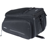 Black Basil Move Trunkbag MIK 10-26L expandable bike bag with adapter plate, showcasing its durable design and multiple compartments.