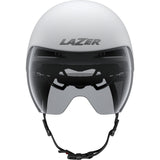 Lazer Victor KinetiCore aerodynamic cycling helmet with panoramic visor and adjustable straps, designed for aerodynamic performance.
