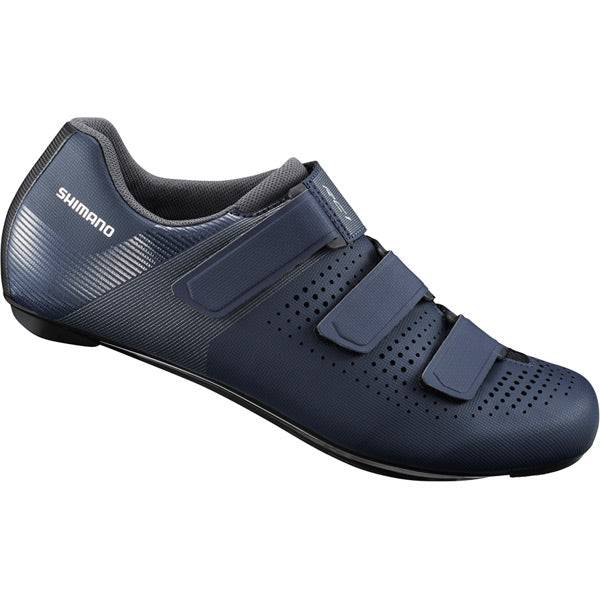 Shimano RC1 SPD-SL road cycling shoes with reflective straps, showing a sleek black design and secure closure system.