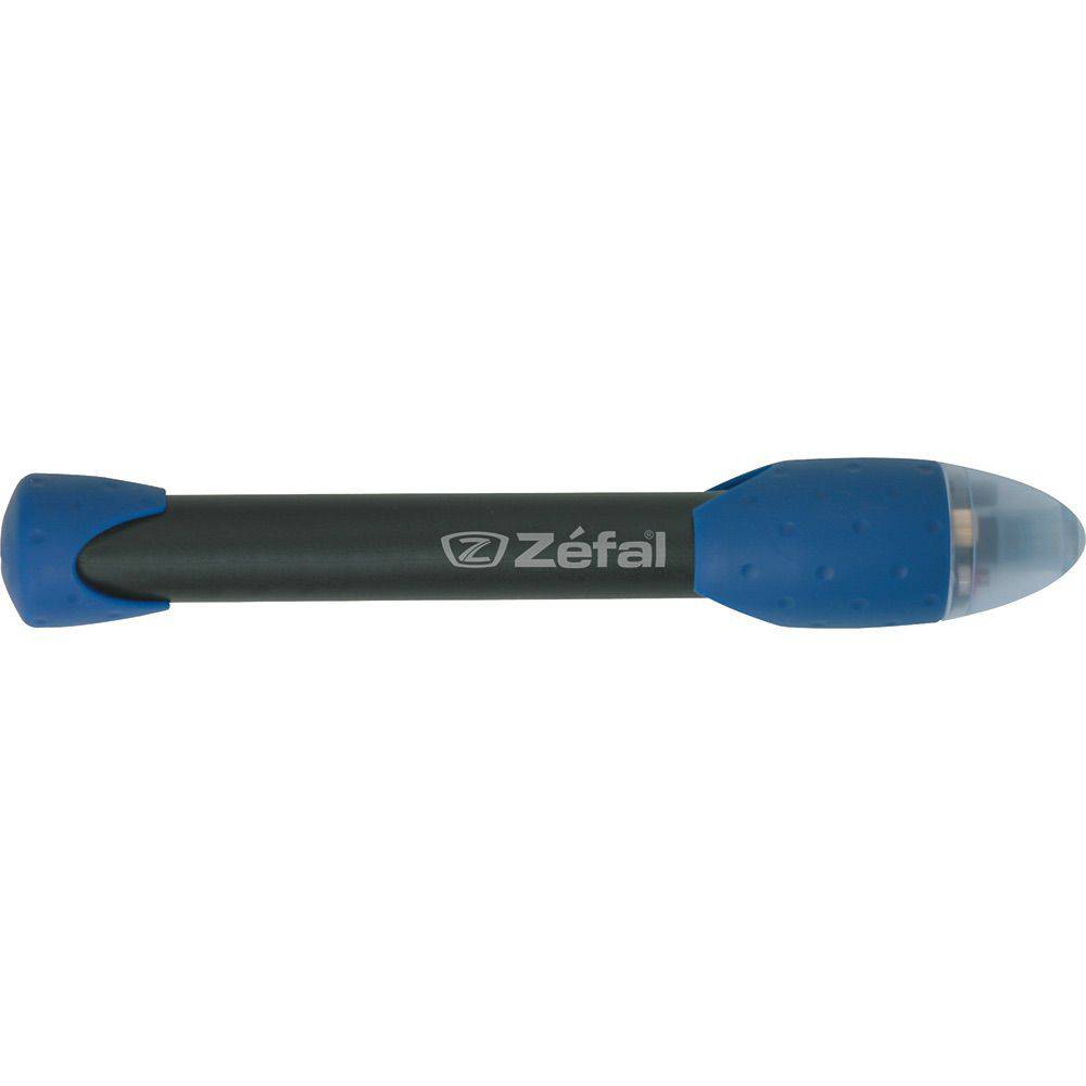Zefal Max Blue and Black mini hand pump with flexible valve connection and accessories for bike tire inflation.