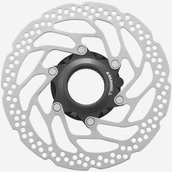Shimano STEPS RT-EM300 160mm rear e-bike brake rotor with internal and external lockring, showing the metal disc and locking mechanisms.