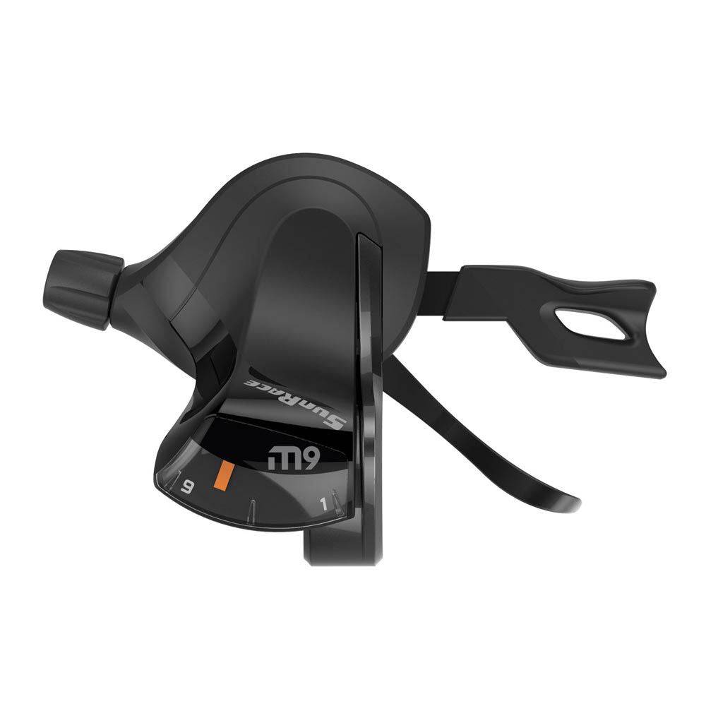 SunRace DLM930 R9 9-speed dual lever MTB shifters with gear display, mounted on handlebar for mountain biking components.