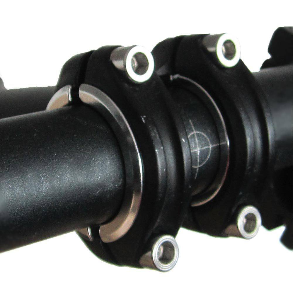 Genetic handlebar shims for split-clamp stems, bicycle components accessory, showing black rubber shims installed on handlebars.