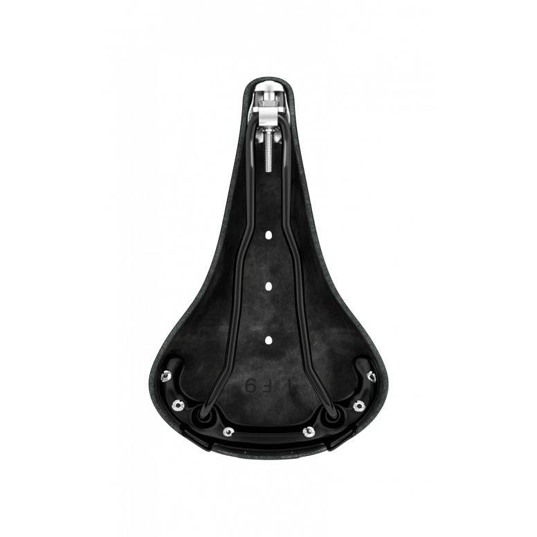 Brooks B17 leather bike saddle with black steel rails, designed for long-distance cycling comfort and durability.