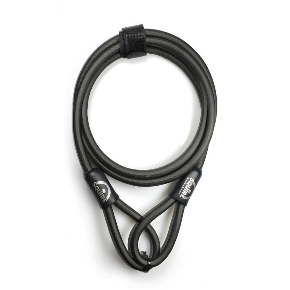 Squire 8mm security cable lock for bikes and gates, durable locking cable with protective coating, black color, close-up view