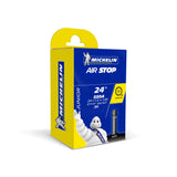 Michelin Airstop MTB inner tube with Schrader and Presta valves for mountain bikes, shown with valve details and packaging.