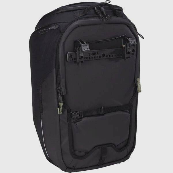Thule Paramount Hybrid commuter bag showing a versatile urban pannier and backpack with multiple compartments and adjustable straps.