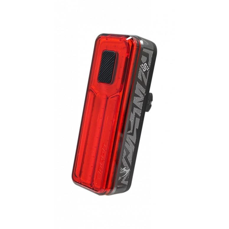 Moon Sport Helix Sense 300lm rear bike light in black with brake and auto brightness sensor mounted on a bicycle.