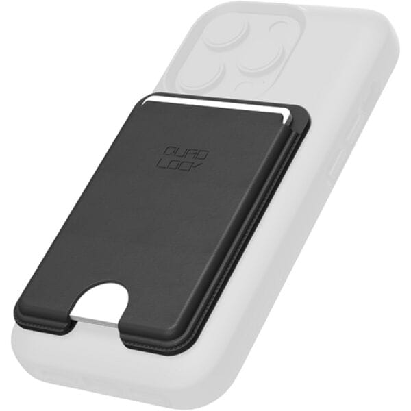 Quad Lock MAG Wallet attached to a smartphone, secure card holder with tap-to-pay compatibility for convenient mobile payments.