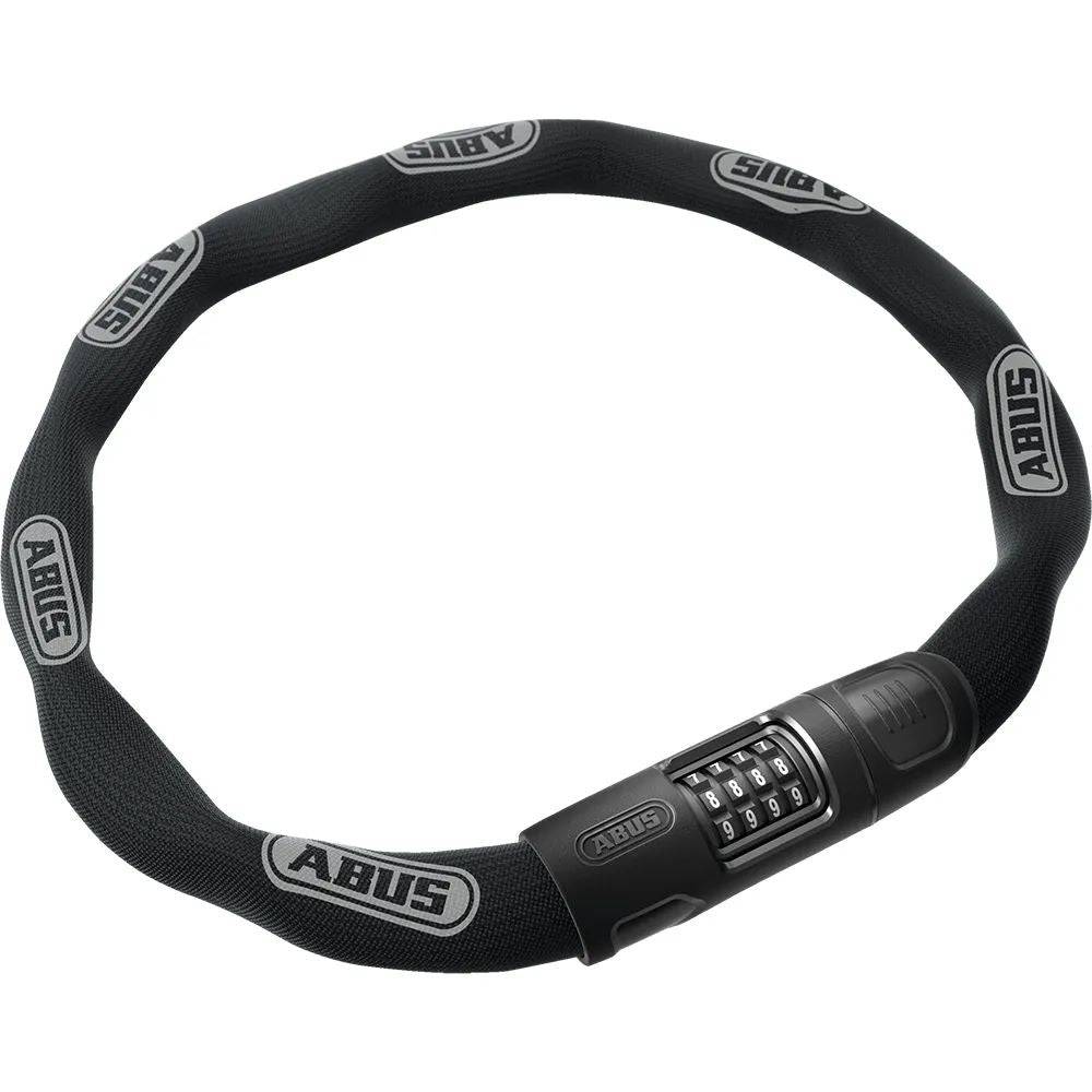 ABUS 8808C/110 BK plastic-coated chain lock with combination for bike security, shown coiled with black plastic coating.