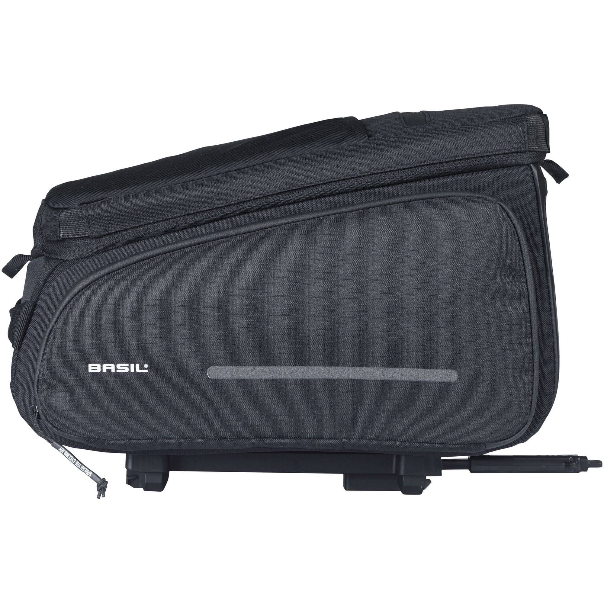 Black Basil Move Trunkbag MIK bike bag with expandable design and adapter plate, suitable for 10-26L capacity, cycling accessories.