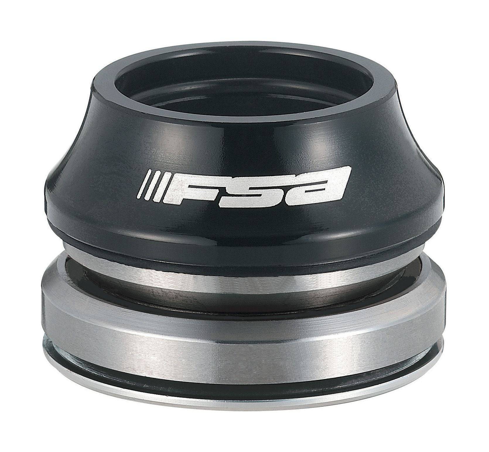 FSA No. 44E tapered headset 1.1/8" to 1.25" with 15mm alloy top cap installed on a bicycle fork.
