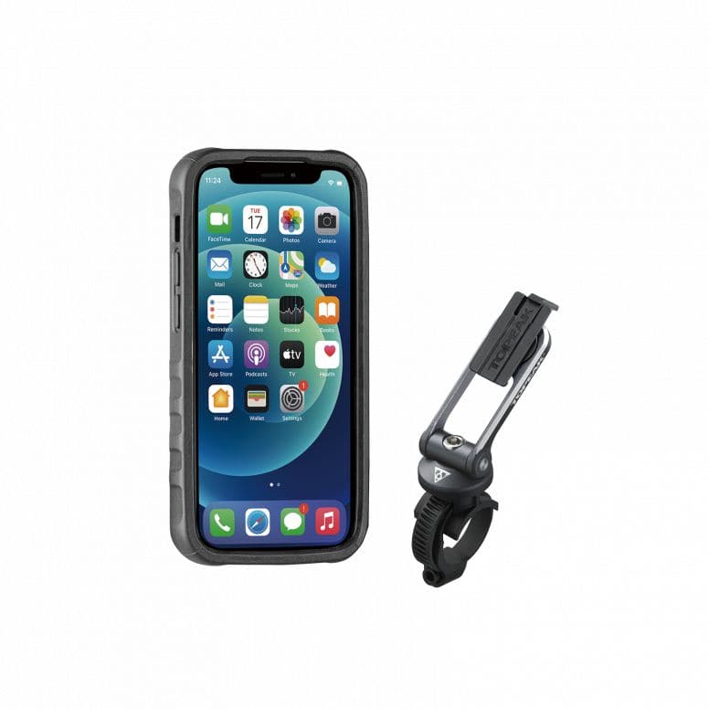 Topeak RideCase for iPhone 12 Mini bike phone mount with QuickClick system, showing the secure phone holder attached to a bike handlebar.