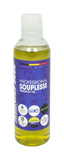 Morgan Blue Souplesse Massage Oil 200cc bottle, smooth glide for muscle relaxation, shown in a close-up image.