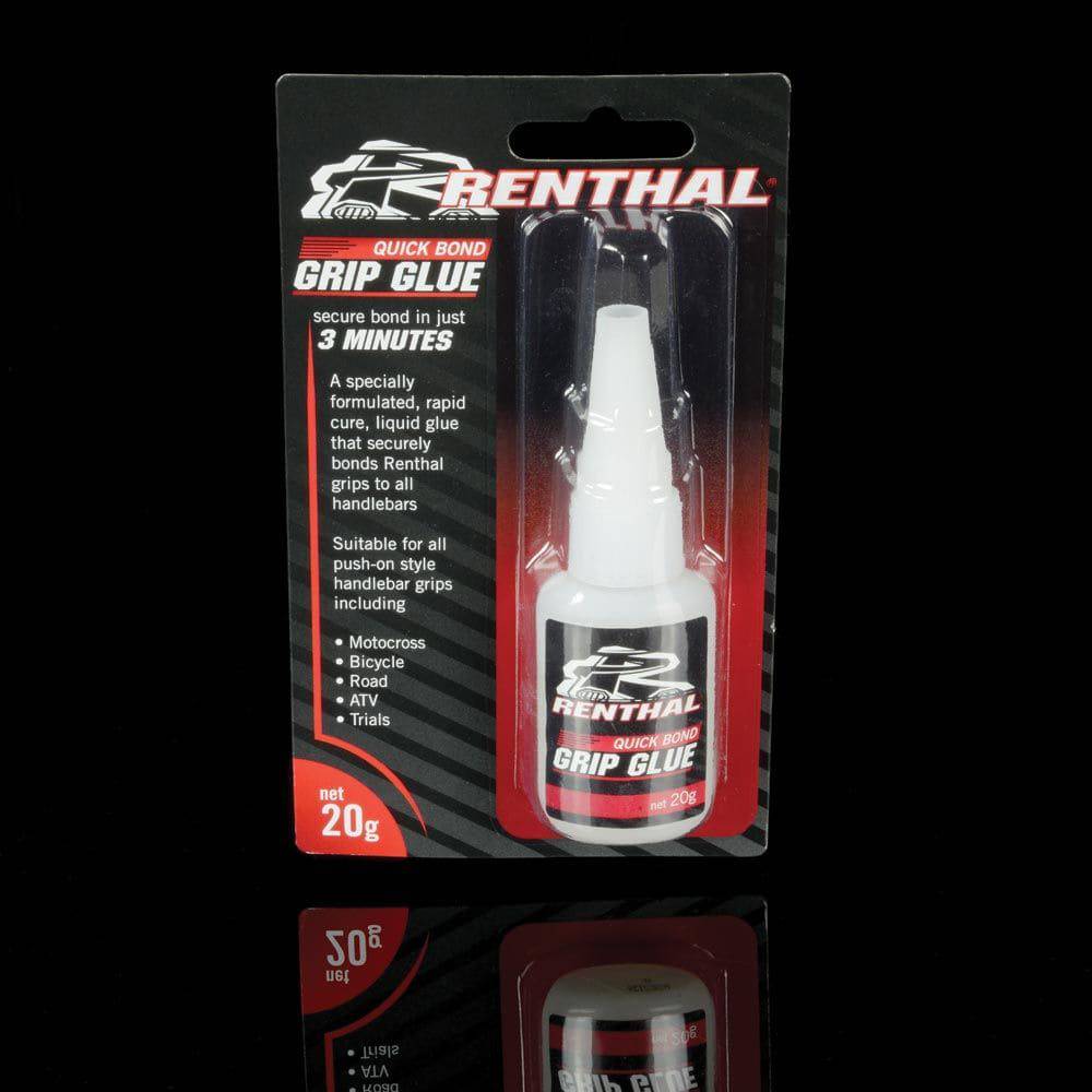 Renthal Quick Bond grip glue applied to motorcycle handlebar grips, showcasing fast-acting adhesive for secure attachment.
