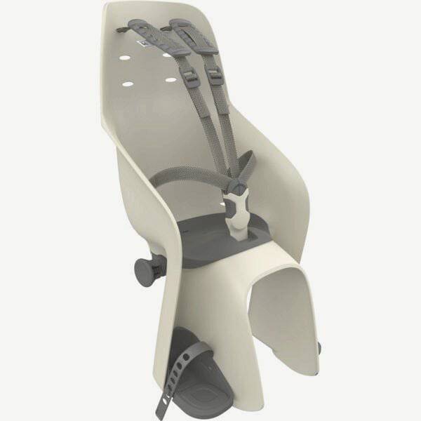 Urban Iki rear child seat U-ME Easy Fix attached to bike with pannier rack, designed for E-bikes and regular bikes.