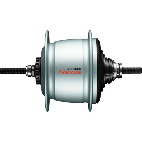 Shimano Nexus SG-C6001-8R 8-speed internal hub with roller brake in silver, mounted on a bike wheel with 36H spokes.