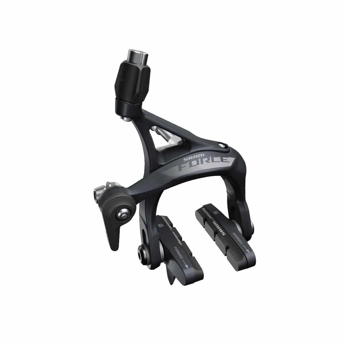 SRAM Force D1 road bike brake caliper with SwissStop pads and 28c tire clearance, component for high-performance cycling.