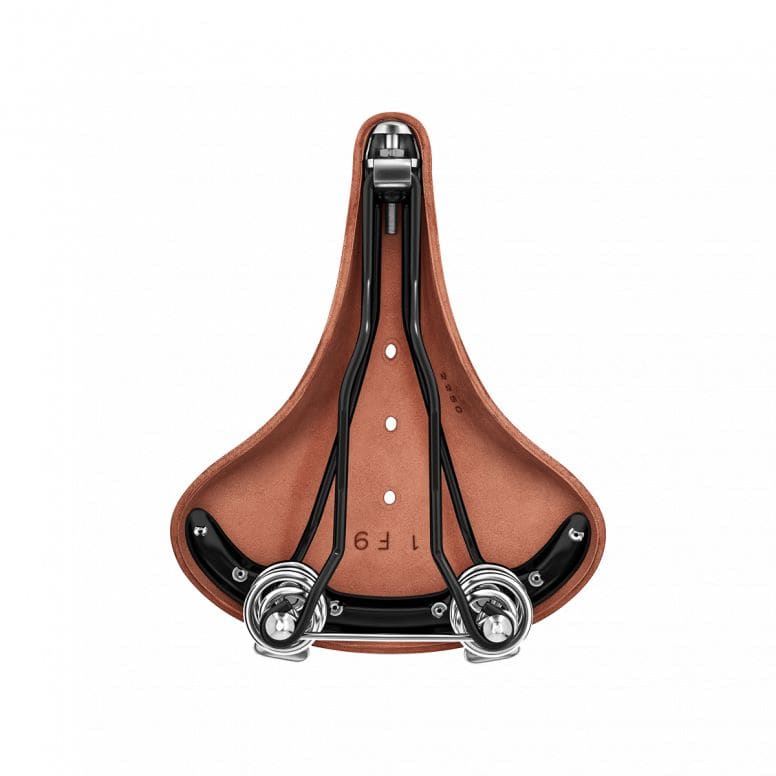 Brooks B67 coil spring saddle with chrome rails for micro-adjust seat posts, showing the classic leather and spring suspension design.